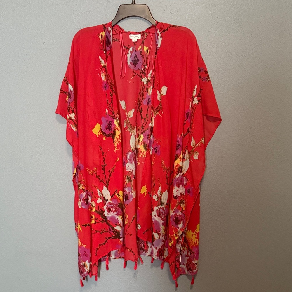 Ultra Pink Red Kimono with Floral Accents NWOT